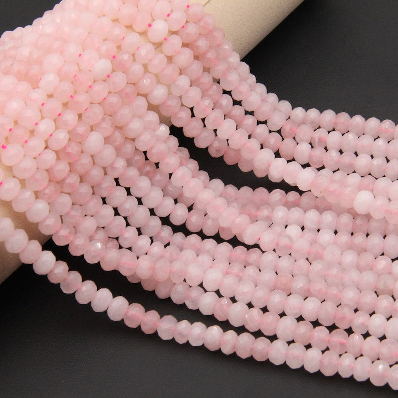 Natural Rose Quartz Faceted Rondelle Beads - Pink Gemstone for Jewelry Making, Wholesale Available