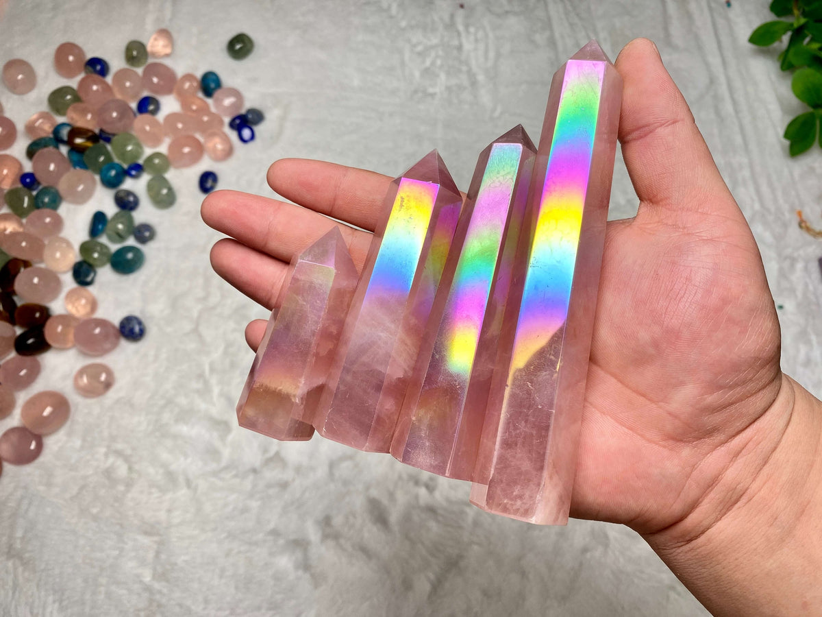 Aura Rose Quartz Tower,Natural rose quartz dots, with angel aura, gifts for girls, mothers and friends, handmade crystal tower